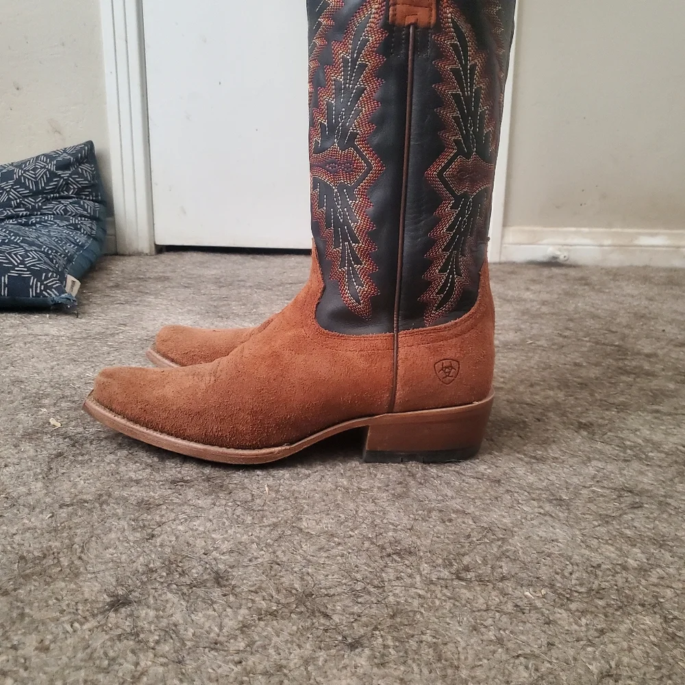 Ariat Men's Tan Suede Western Boots with Black Embroidered Shaft